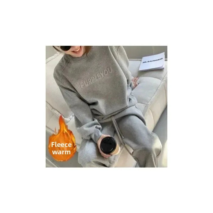 Plus Size Fleece Lined Thickened Casual Set Women's Autumn Winter New Fashion Loose Sweatshirt Long Pants Two Piece Set