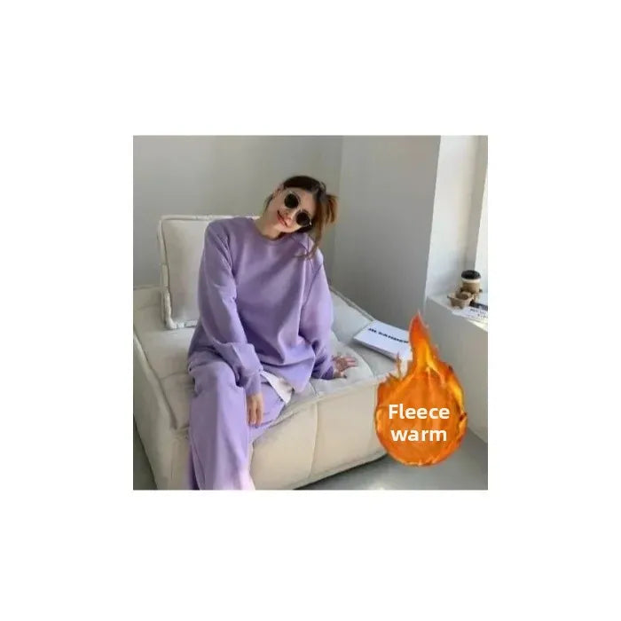Plus Size Fleece Lined Thickened Casual Set Women's Autumn Winter New Fashion Loose Sweatshirt Long Pants Two Piece Set