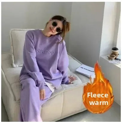 Plus Size Fleece Lined Thickened Casual Set Women's Autumn Winter New Fashion Loose Sweatshirt Long Pants Two Piece Set