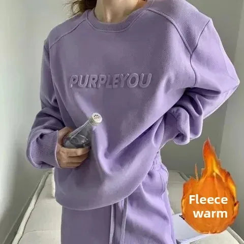 Plus Size Fleece Lined Thickened Casual Set Women's Autumn Winter New Fashion Loose Sweatshirt Long Pants Two Piece Set