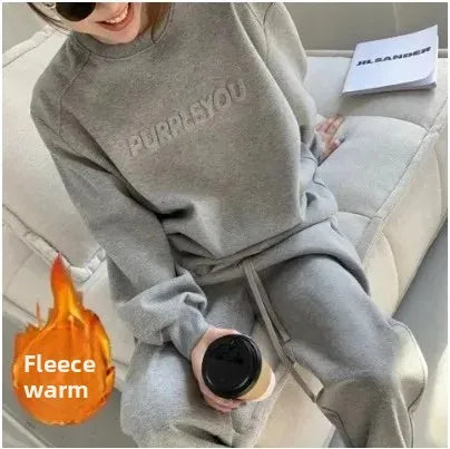 Plus Size Fleece Lined Thickened Casual Set Women's Autumn Winter New Fashion Loose Sweatshirt Long Pants Two Piece Set