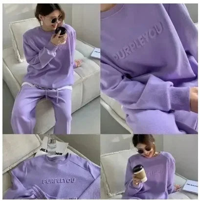 Plus Size Fleece Lined Thickened Casual Set Women's Autumn Winter New Fashion Loose Sweatshirt Long Pants Two Piece Set